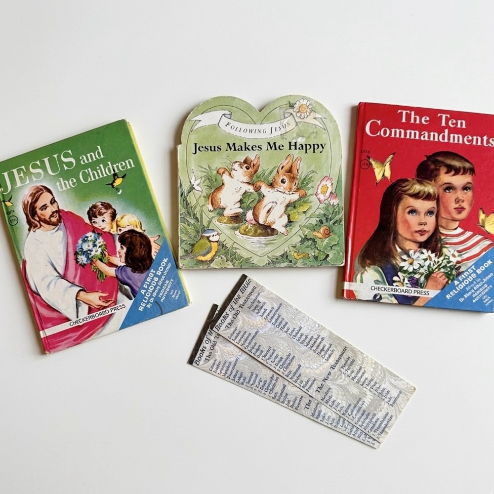 VINTAGE Kids Religious Jesus Christian 3 Book Lot + Bookmarks Bundle 1950-60’s